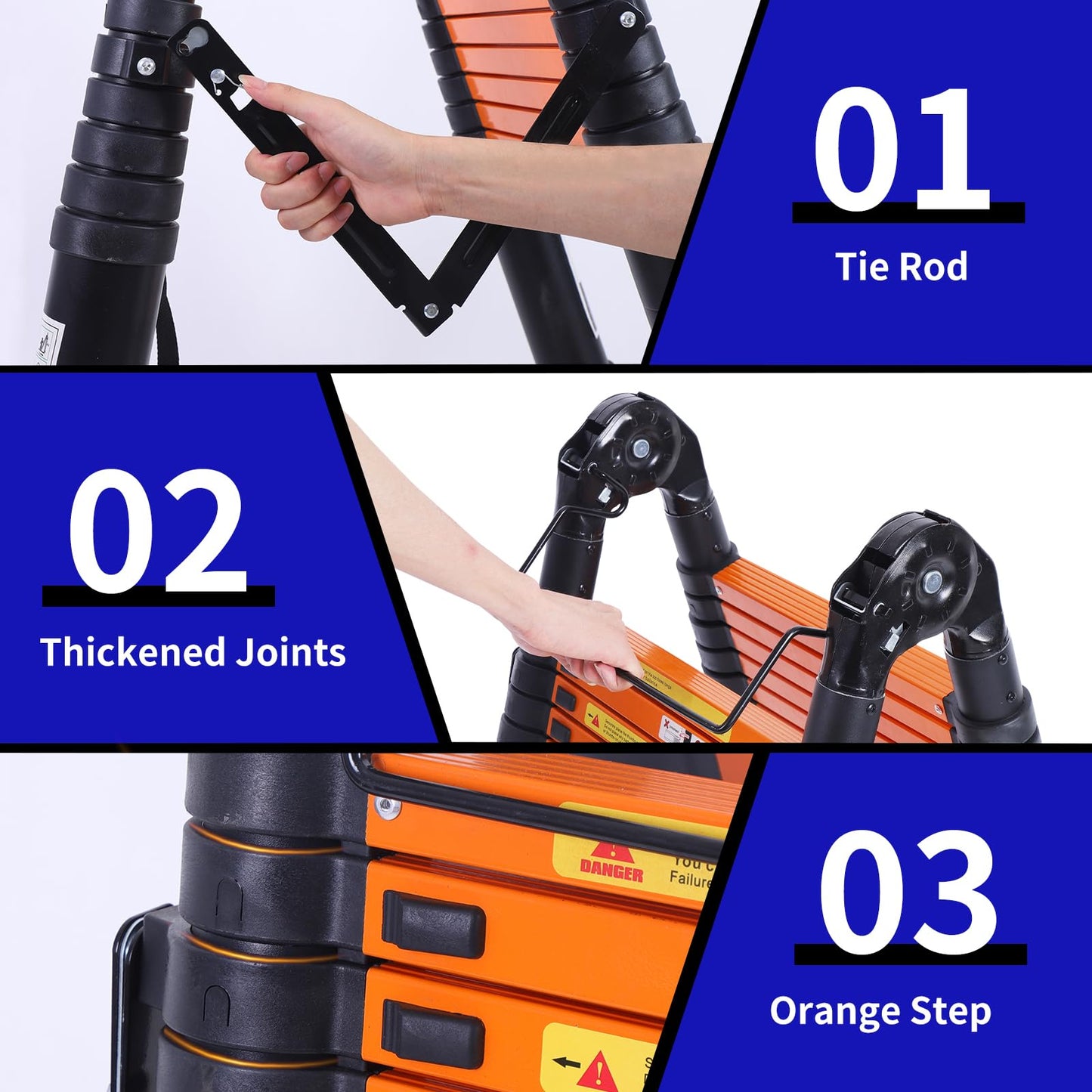 JADDUO Telescoping Ladder A Frame,18.5 Ft Compact Aluminum Extension Ladder,Portable Telescopic RV Ladder for Outdoor Camper Trips Motorhome with Tool Platform and Stabilizer Bar 330 lbs, Black Orange