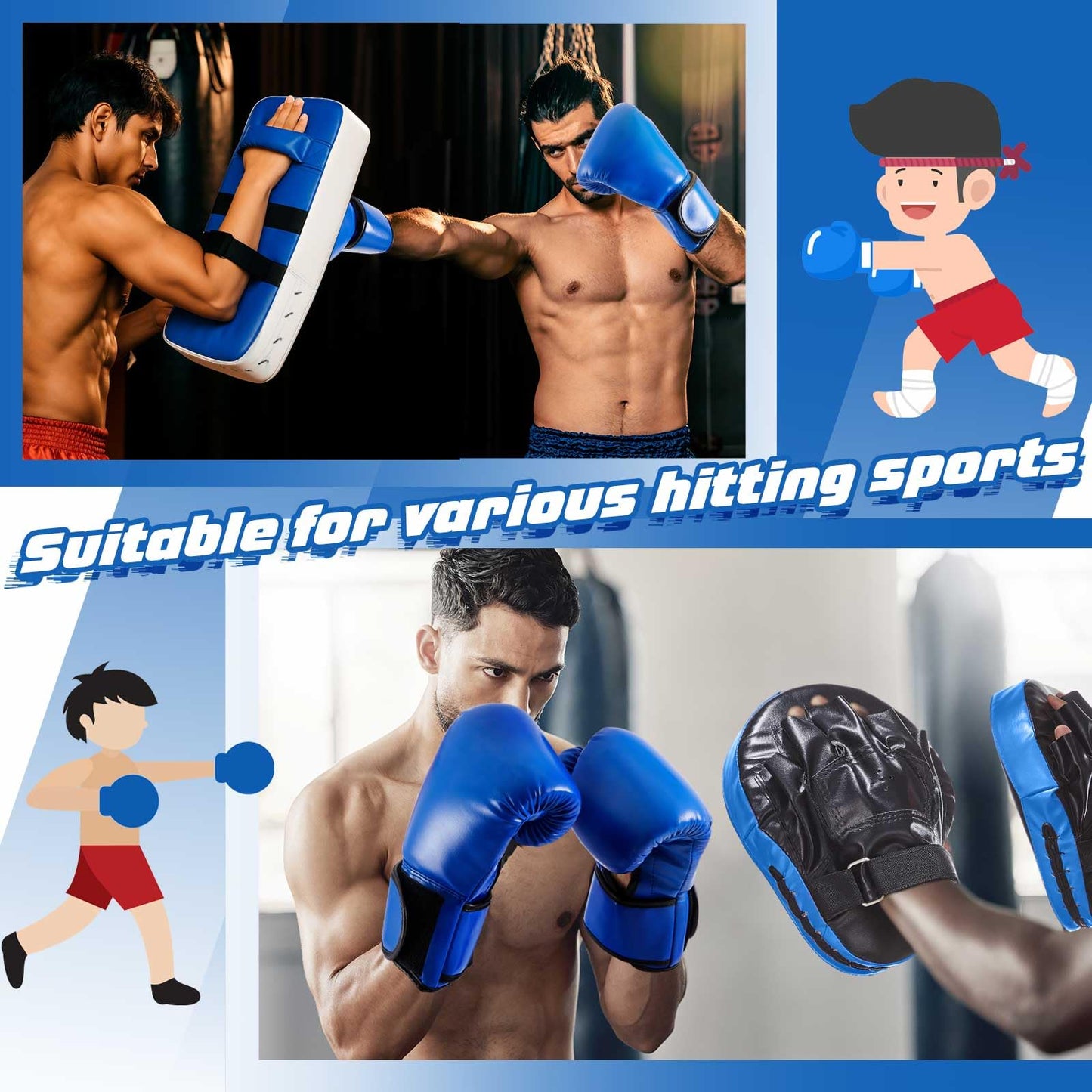 Foilswirl 5-in-1 Kids Boxing Pads Gloves Kick Punching Mitts Set with 1 Pair of Gloves, 2 Pcs Pads Taekwondo Kick Pad and Head Guard for Youth Beginner Training Kickboxing Karate Thai(Blue,8 oz)
