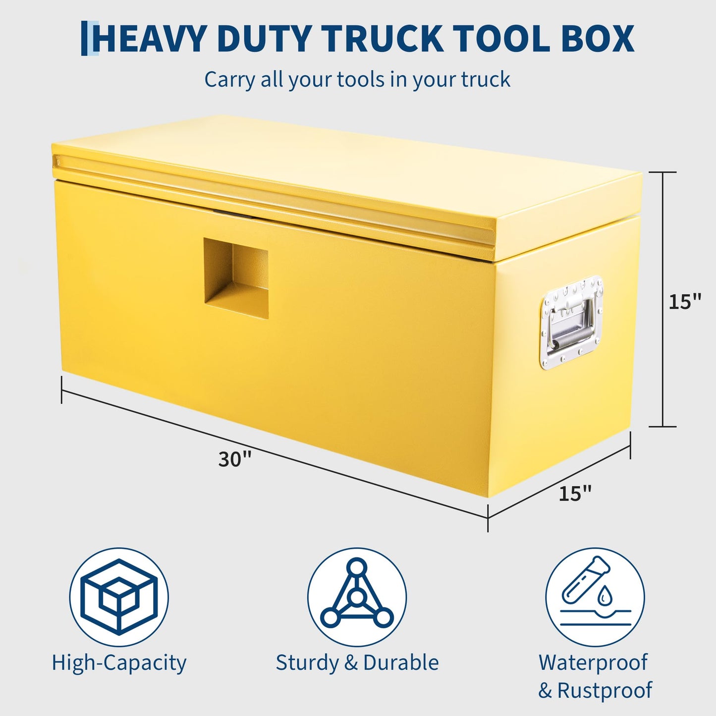 ActiveTrail Heavy Duty Steel Truck Bed Tool Box, 30 Inch Weatherproof Lockable Metal Storage Chest with Gas-Assist Grooved Lid for Pickup, Trailer, RV, Yellow