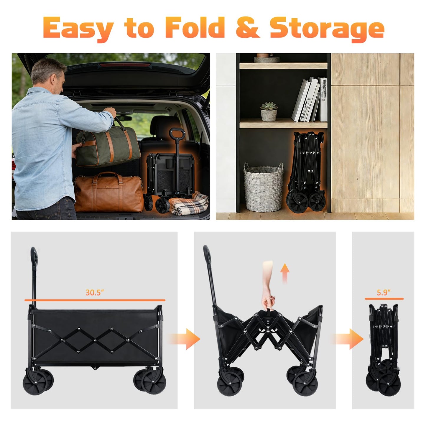 Collapsible Foldable Wagon Cart with Wheels - 220LBS Heavy Duty Folding Wagon Carts, Portable Lightweight Utility Wagon with All-Terrain Wheels & 2 Cup Holders, Grocery/Beach/Sports/Shopping/Black