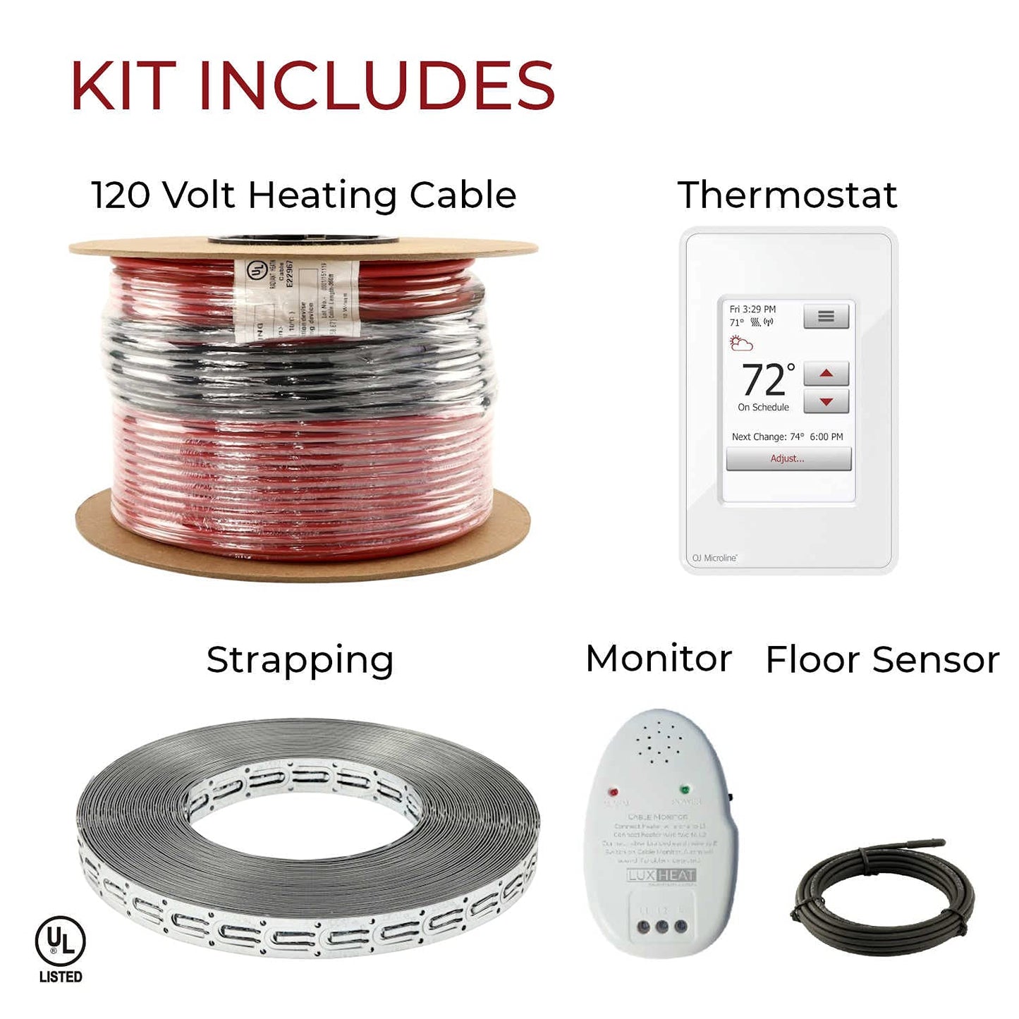 LuxHeat 100sqft Floor Heating Cable Kit - 120v Infloor Heating System - Heated Flooring System Includes UWG4 WiFi Programmable Thermostat w/GFCI, Floor Heat Cable, Strapping, Flooring Sensor & Alarm