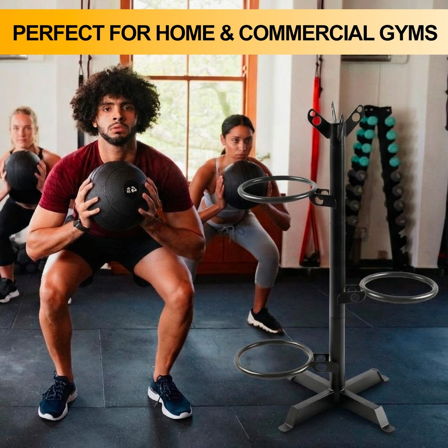 Zonon Medicine Ball Rack for Home Gym, 4-Tier Vertical Storage Stand with 360° Rotating Rings, 4 Balls Heavy Duty Steel Organizer for Yoga, Slam Wall Balls, Space Saving Gym Equipment Storage, Black