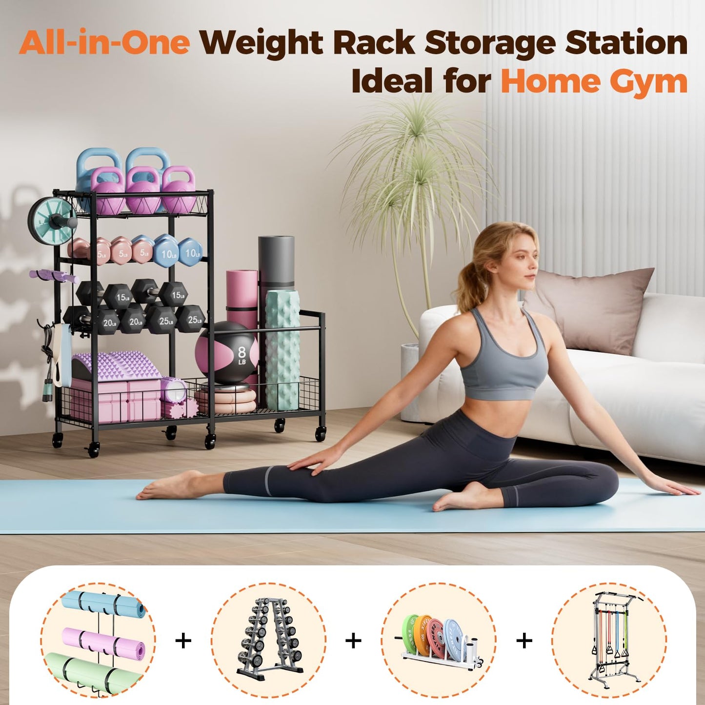 HavenlyYouth 4-Tier Weight Rack Storage for Home Gym, Adjustable Dumbbell Stand Organizer with Wheels, Holds Dumbbells, Kettlebells, Yoga Mats, Fitness Equipment & Workout Accessories
