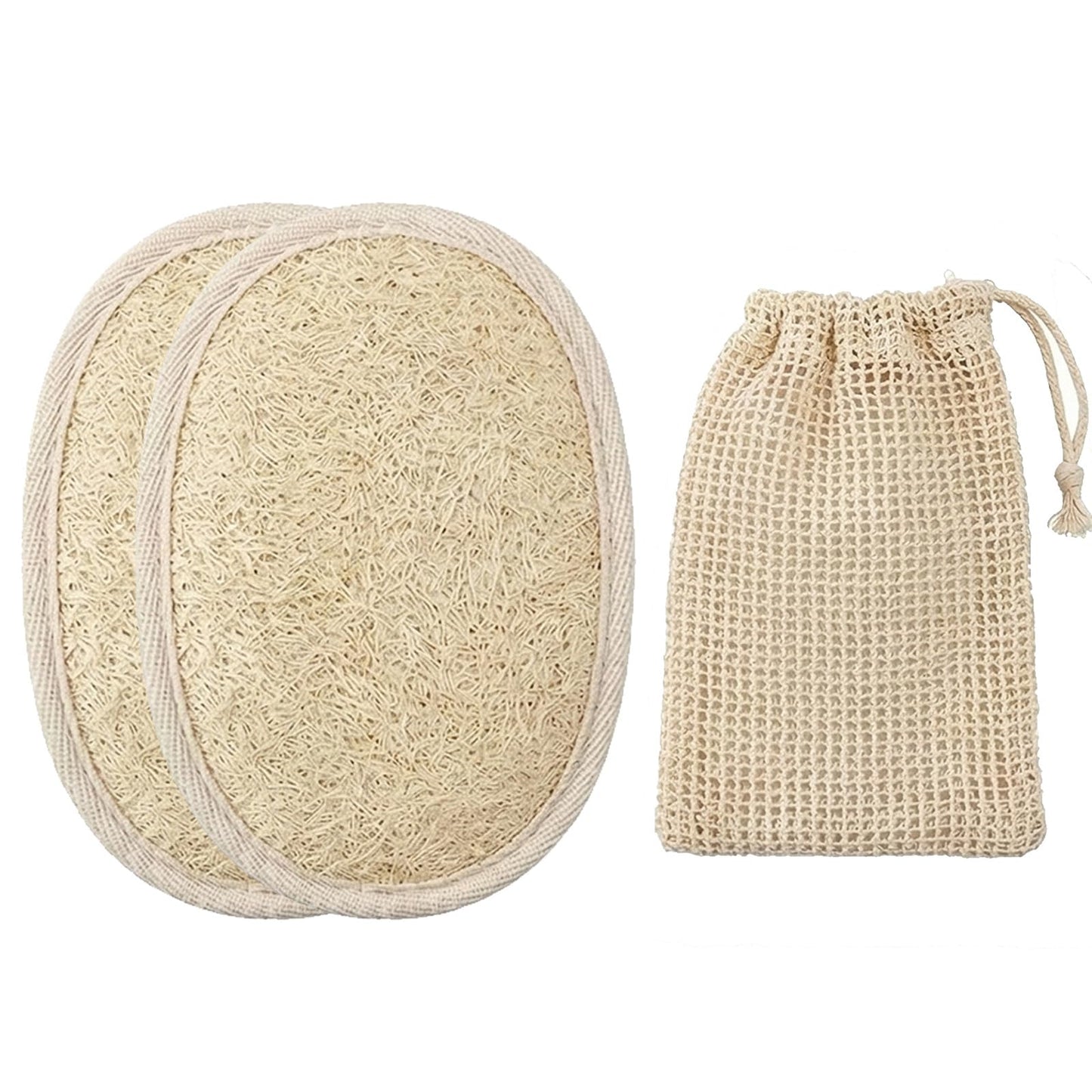 JouiiSiYa Natural Loofah Back Scrubber for Shower for Men and Women, Exfoliating Loofah Sponge with Soap Saver (2Pads+1Bag)