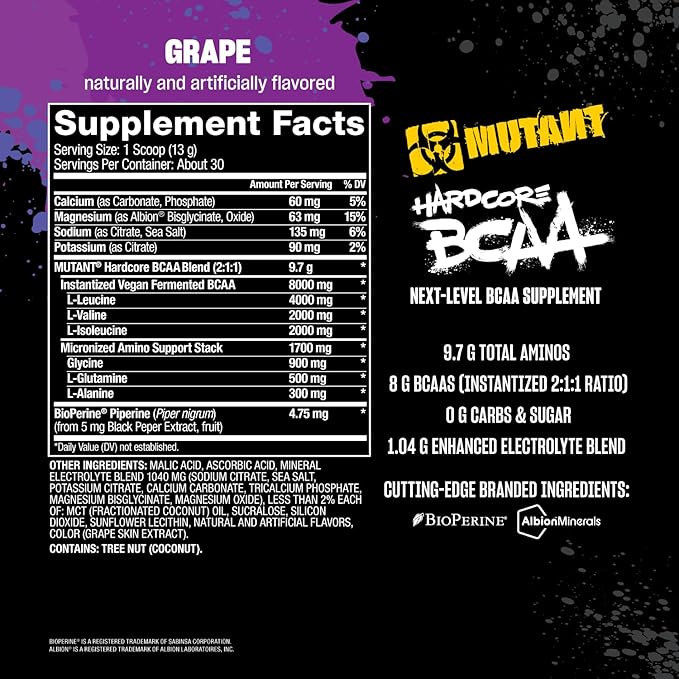 Mutant Hardcore BCAA - Pre, Intra or Post Workout ??BCAA Next Level branched-Chain Amino Acids Supplement ??Hydration + Recovery - 30 Serving - Grape
