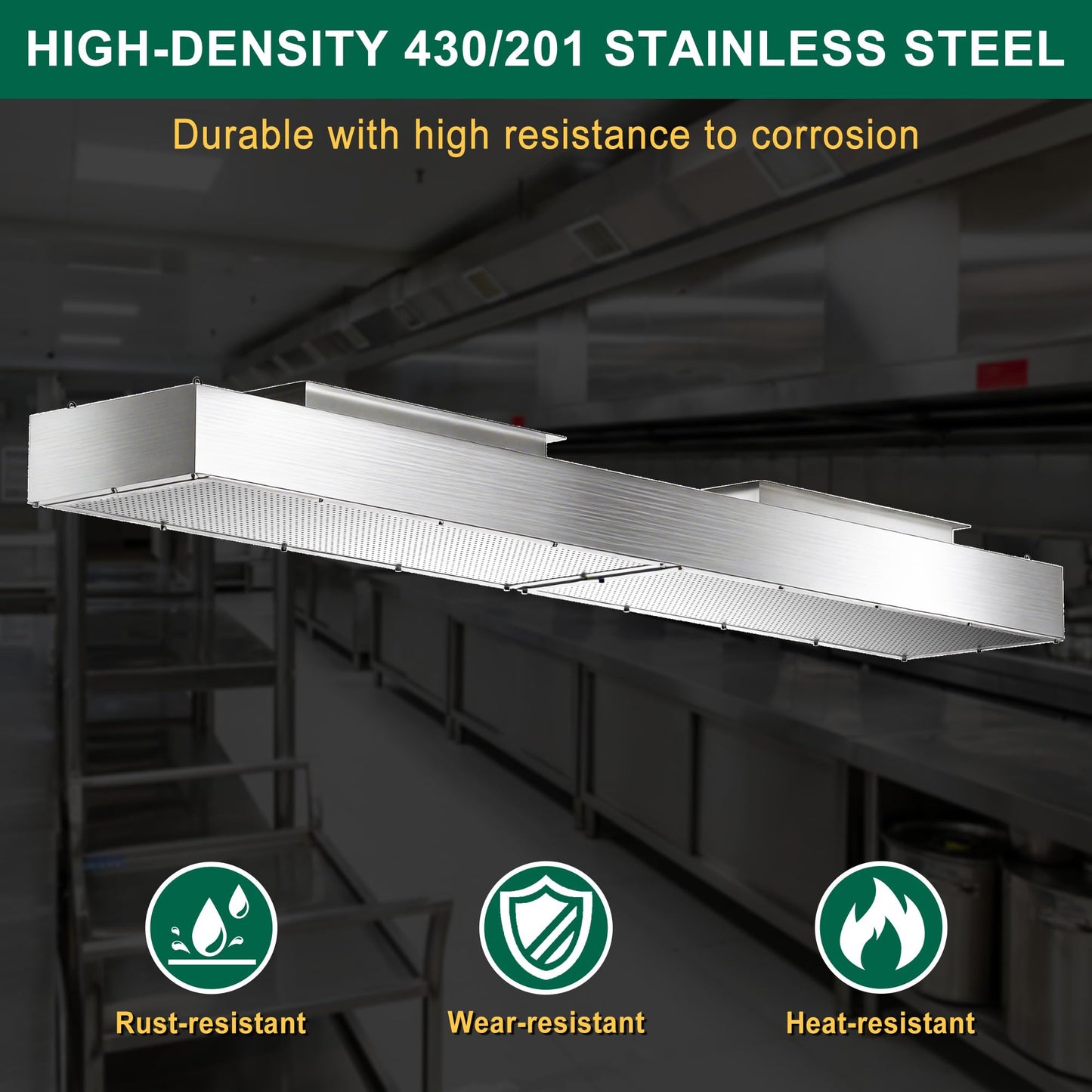 8ft Perforated Supply Plenum for Commercial Exhaust Hood–Makeup Air Hood Stainless Steel Air Supply Plenum with Microplate, Lifting Lugs & Dual Exhaust Ports