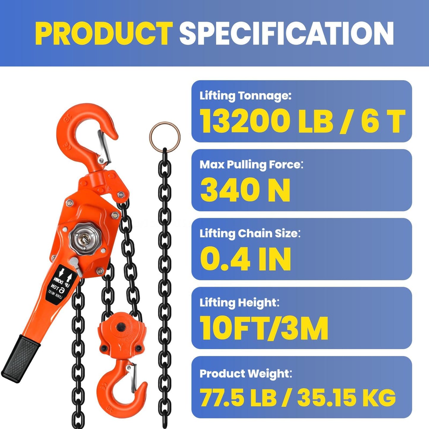 13200lbs Capacity Chain Lift, Heavy Duty G80 Steel Lever Hoist with Dual Brake System and 360° Hook, Durable Come Along for Garage and Farm (6Ton10FT)