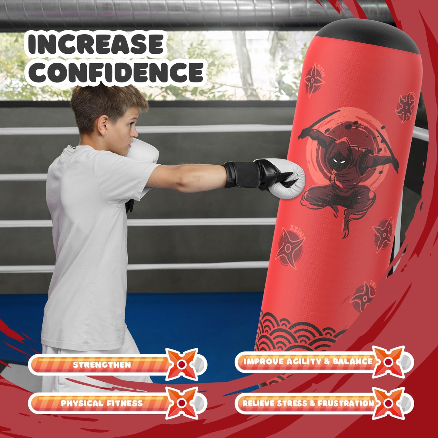 Sunikko X Tall Punching Bag for Kids, Larger 66 Inch Inflatable Stable Boxing Bag for Teens, Ninja Shuriken Toy Gifts for Boys Girls, Boxing Set with Gloves and Pump for Practicing Karate Taekwondo