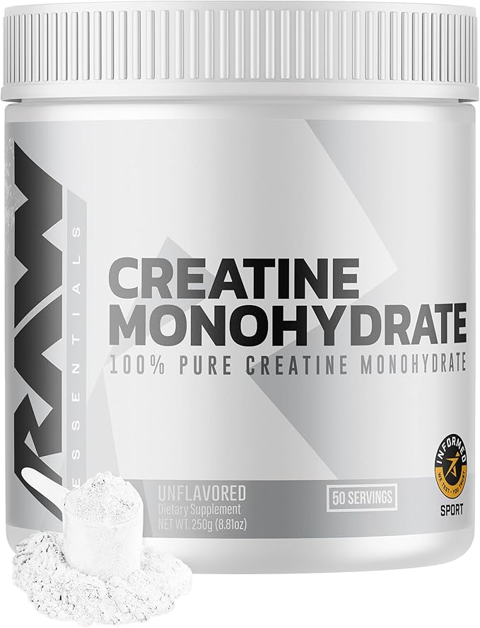 RAW Nutrition Creatine Monohydrate Powder - Unflavored Micronized Creatine Monohydrate Workout Supplement for Muscle Energy, Strength & Endurance - Creatine Powder for Women & Men - 50 Servings