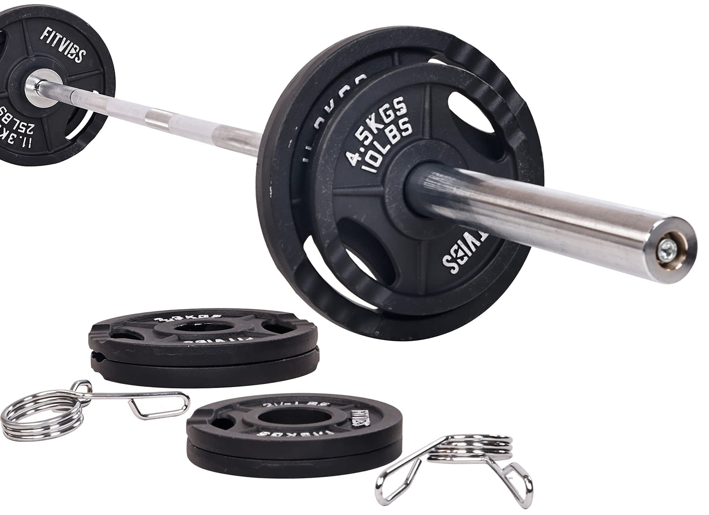 Signature Fitness Cast Iron Olympic 2-Inch Weight Plates Including 7FT Olympic Barbell, 130-Pound Set (85 Pounds Plates + 45 Pounds Barbell), Multiple Packages, Style #2
