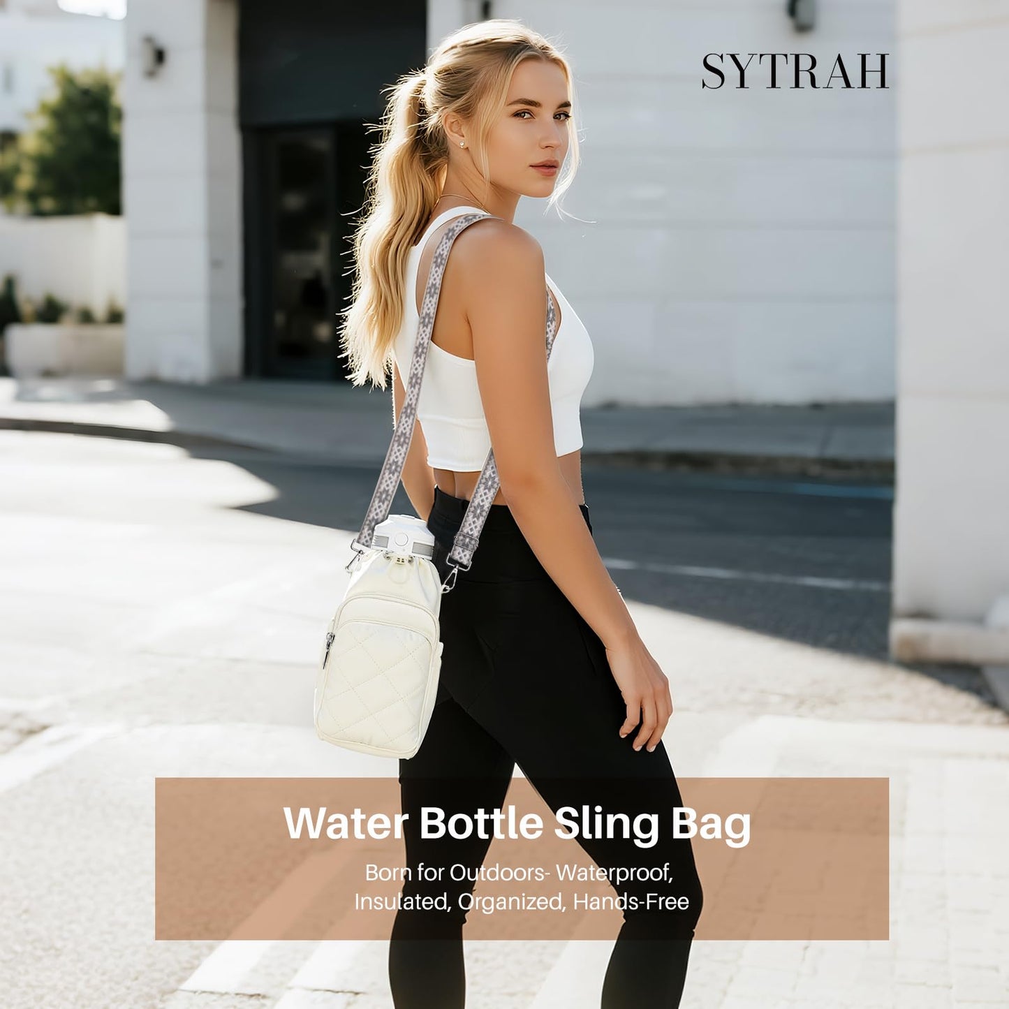 SYTRAH Water Bottle Bag Crossbody，Insulated Water Bottle Purse Crossbody Water Bottle Holder with Strap 40 oz, Sling Bag for Walking Hiking, White