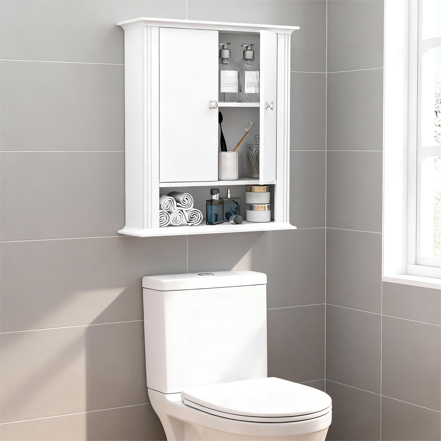 White Bathroom Wall Cabinet, Over the Toilet Storage Cabinet, Bathroom Cabinet Wall Mount, 2 Doors & Hooks, Medicine Cabinet Organizer, Hanging Wall Cabinet Cupboard for Kitchen Laundry Room White
