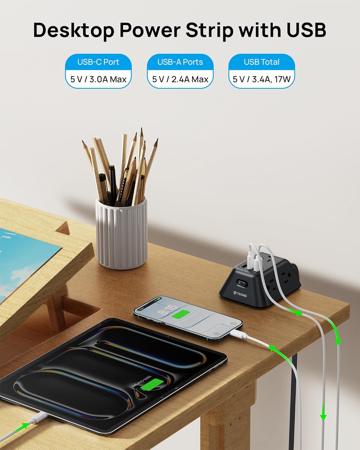 TROND 5 3 1.97in 10FT Desk Clamp Power Strip, Surge Protector with AC Outlets and USB Ports, Desk Mount Charging