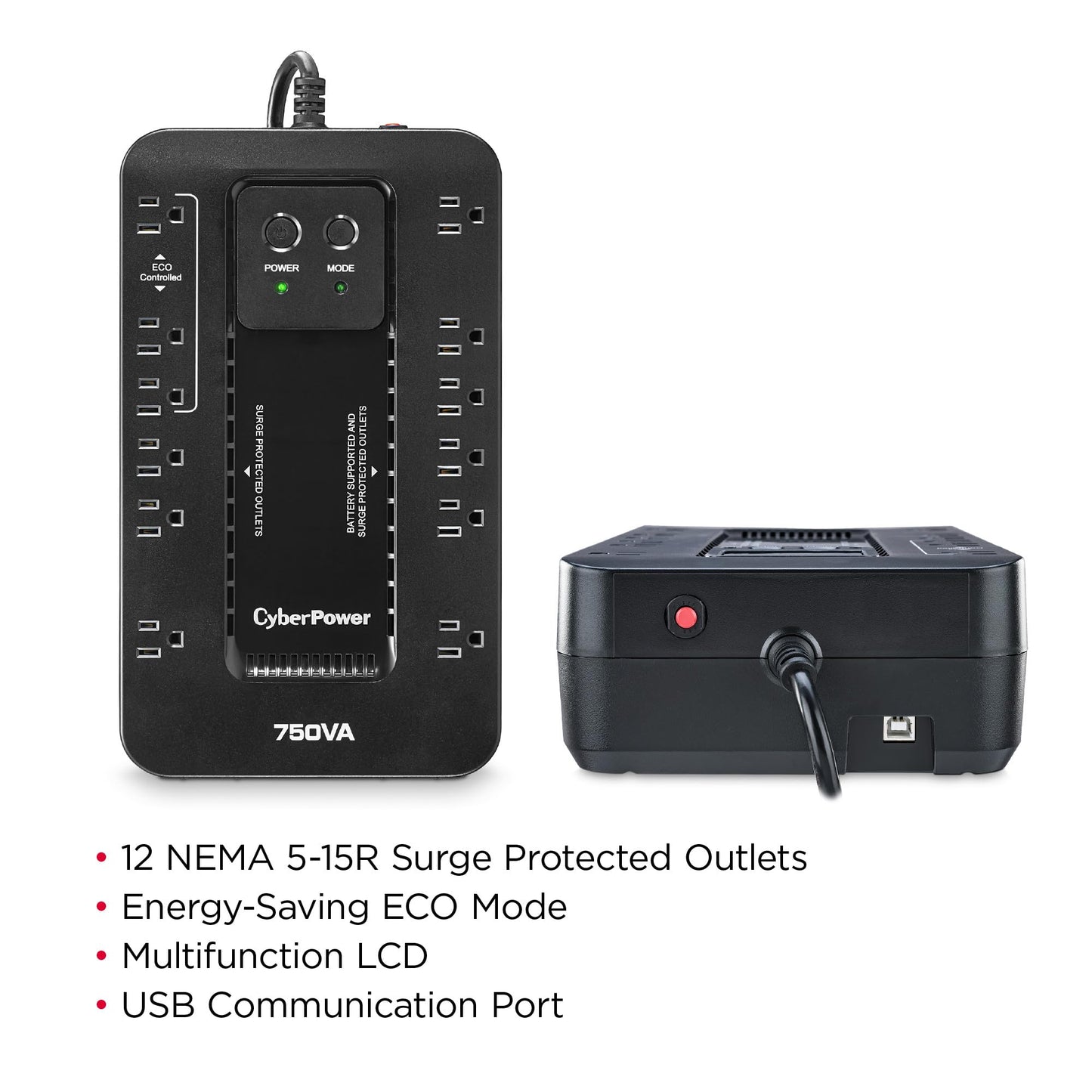CyberPower EC750G Ecologic UPS Battery Backup and Surge Protector, 750VA/450W, 12 Outlets, ECO Mode, Compact, UL Certified