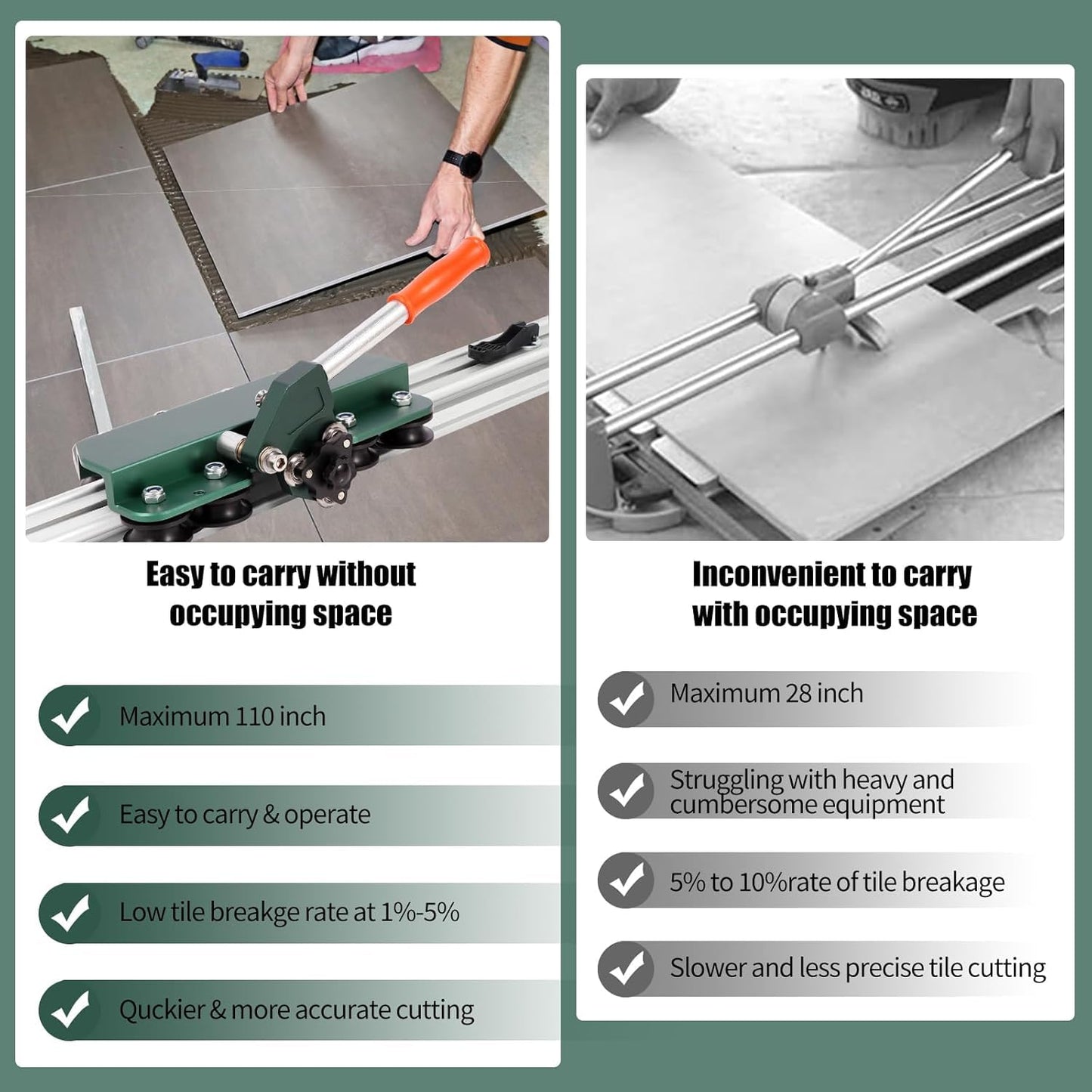 110" Large FormatTile Cutter, Manual Ceramic Tile Cutting Tool with Built-in Suction Cups & Tile Clamp, 3-Head Scoring Wheel System, for Up to 0.47-Inch Thick Tiles