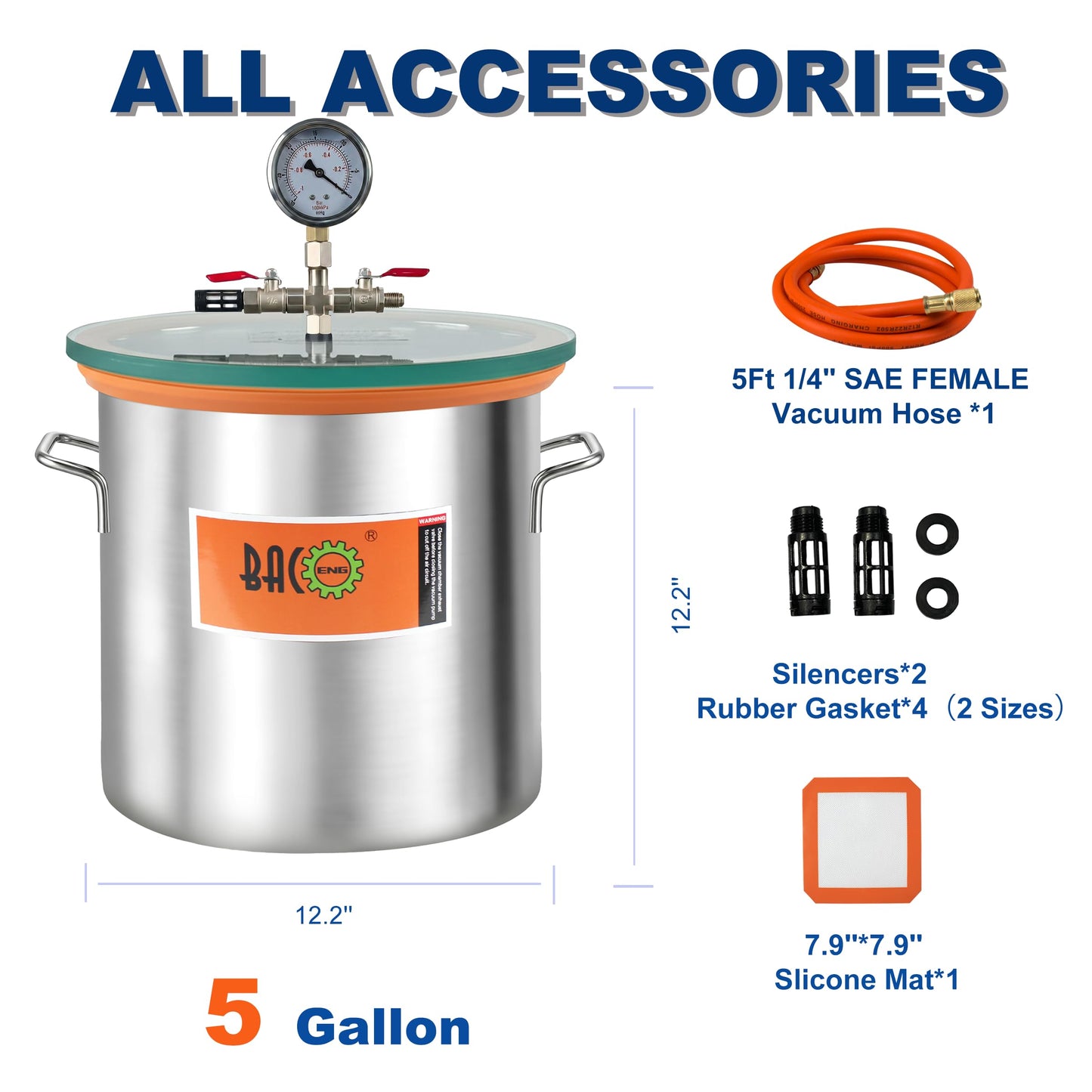 BACOENG 5 Gallon Tempered Glass Lid Vacuum Chamber, Stainless Steel Degassing Chamber for Stabilizing Wood, Degassing Silicones, Epoxies and Essential Oil