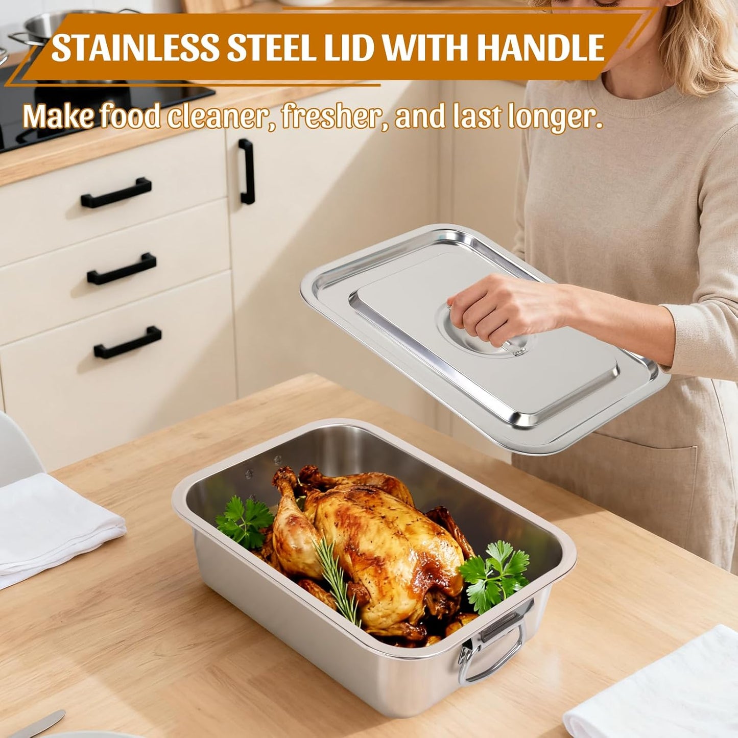 Skiennix 4-Inch Extra Deep Lasagna Pan - 7.4QT Stainless Steel Nonstick Baking Dish with Lid & Handles | 14x10.6x4 IN