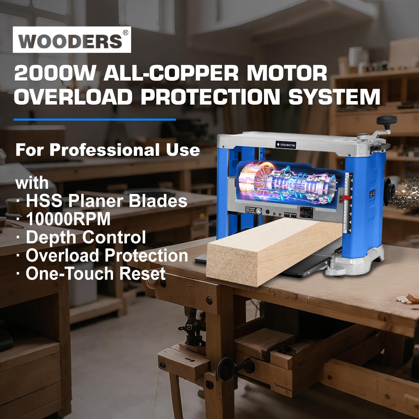 WOODERS 13-inch Thickness Planer, 15Amp, 2000W, 10000RPM, All Copper Motor, Dual-Blade Cutterhead, Includes 2 Extra Planer Blades, Height Indicator, Overload Protection, for Hard & Soft Wood working