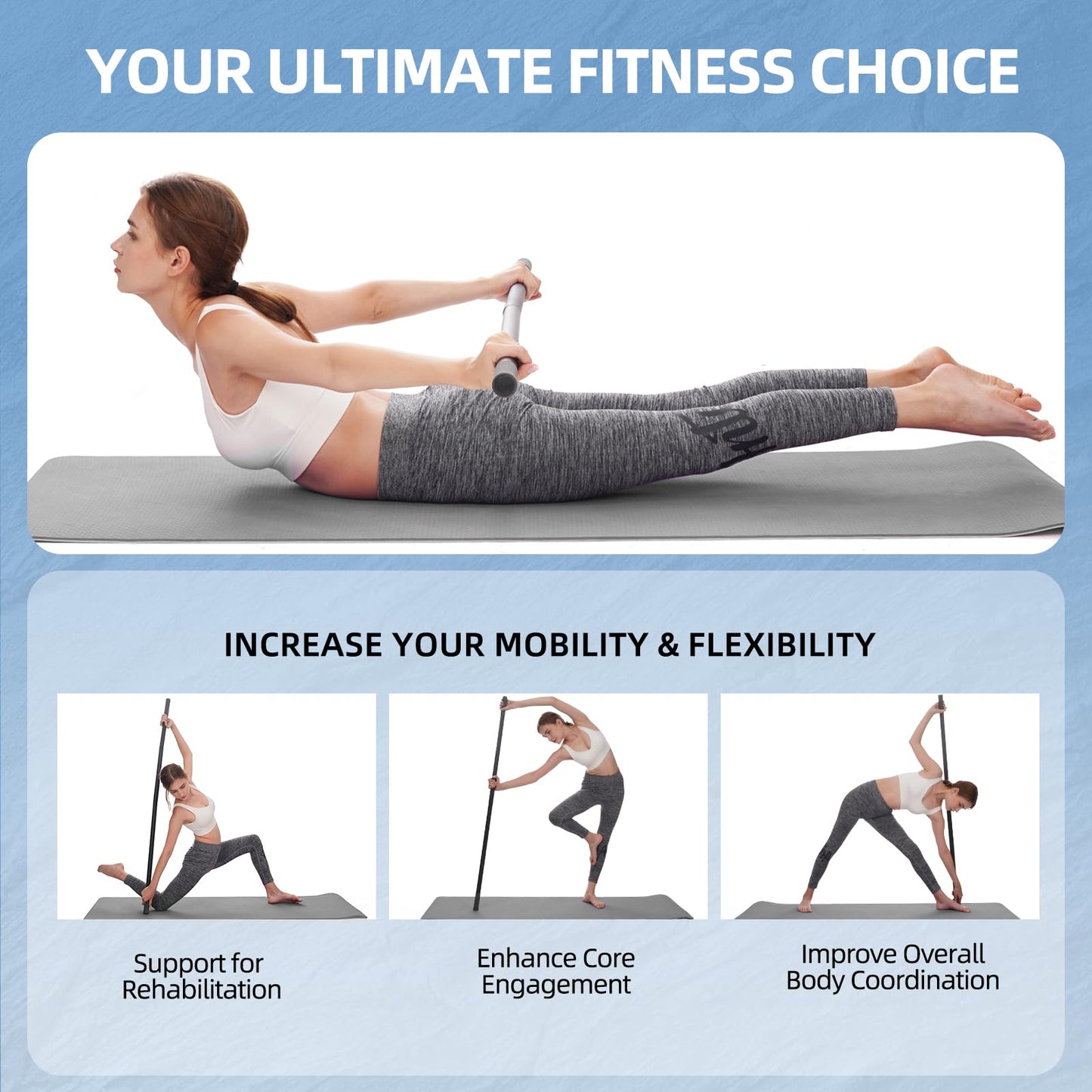 Adjustable Yoga Stick (30/45/60 in), Fully Foam-Sleeved Steel Stretching & Mobility Stick with Exercise Guide, Portable Fitness & Rehab Tool, Carry Bag Included