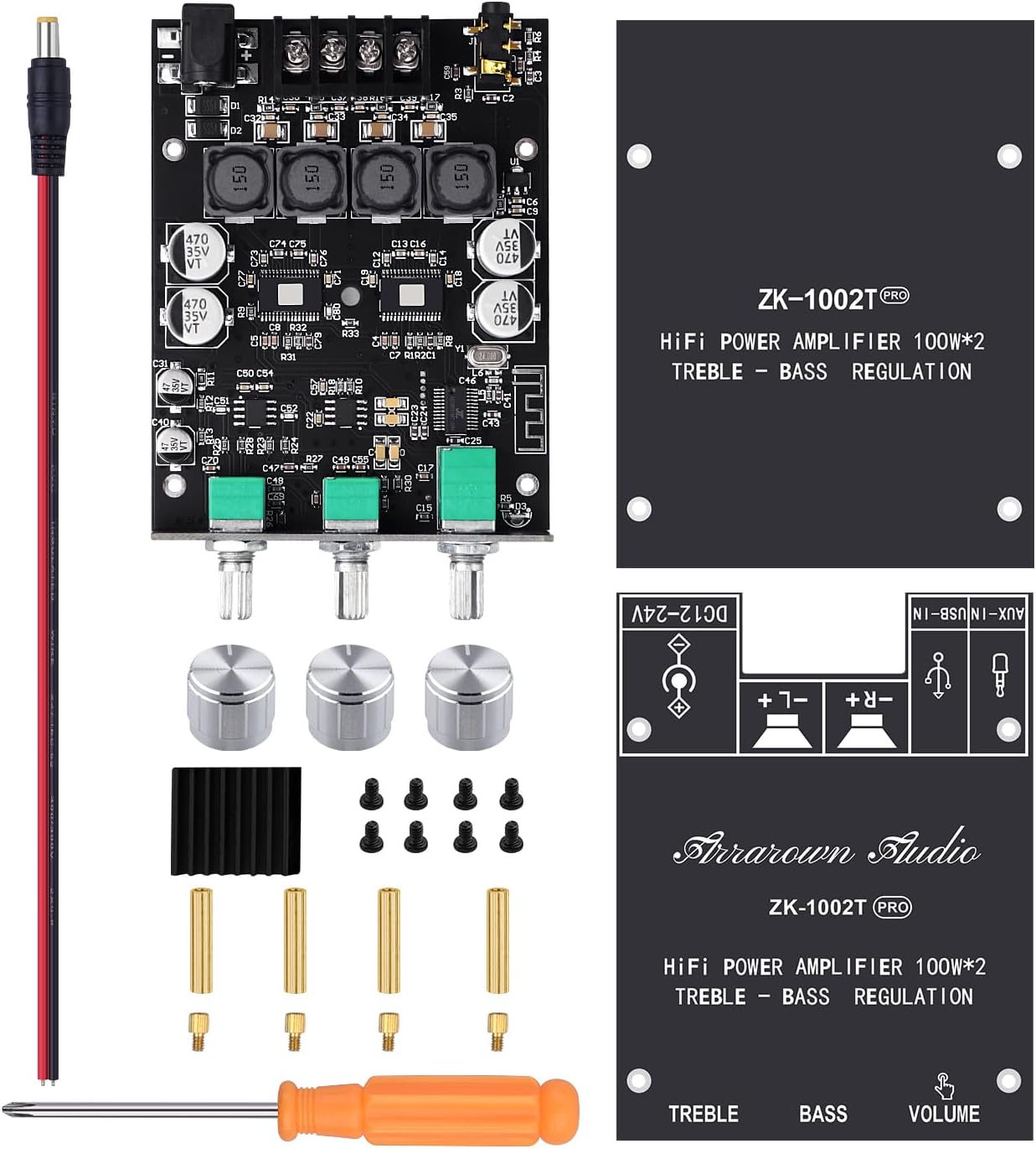 2.0 5.0 200W 12-24V 2.0 Channel Bluetooth Amplifier Board HiFi Subwoofer Audio AMP with Treble and Bass, BT USB and AUX