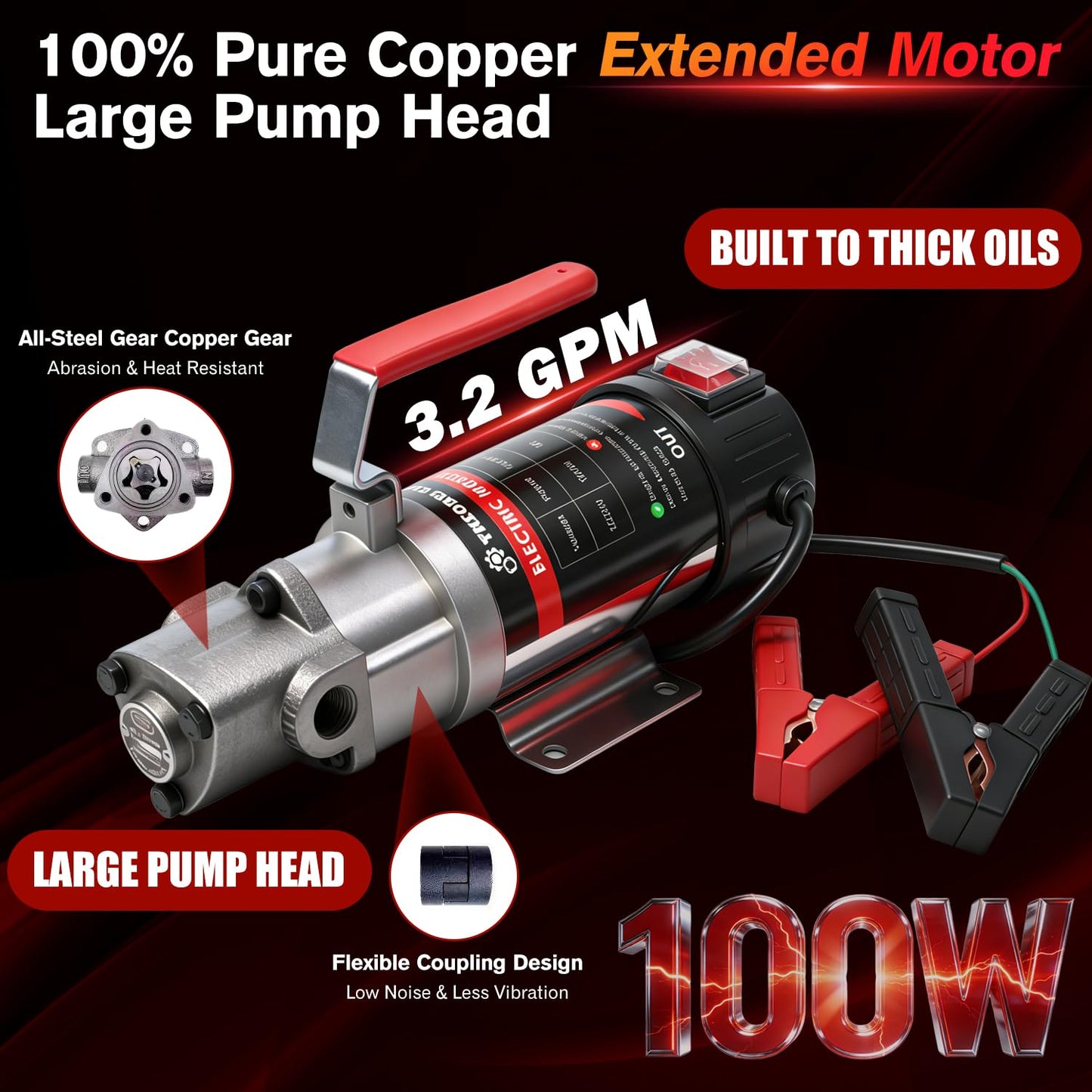 STEAUTY Oil Change Pump, 3.2 GPM Self Priming Gear Pump, 24V Electric Oil Transfer Pump with 10FT Steel Wire Hose, Rugged Metal Gears for Marine Boat Truck Excavators Industrial Machinery