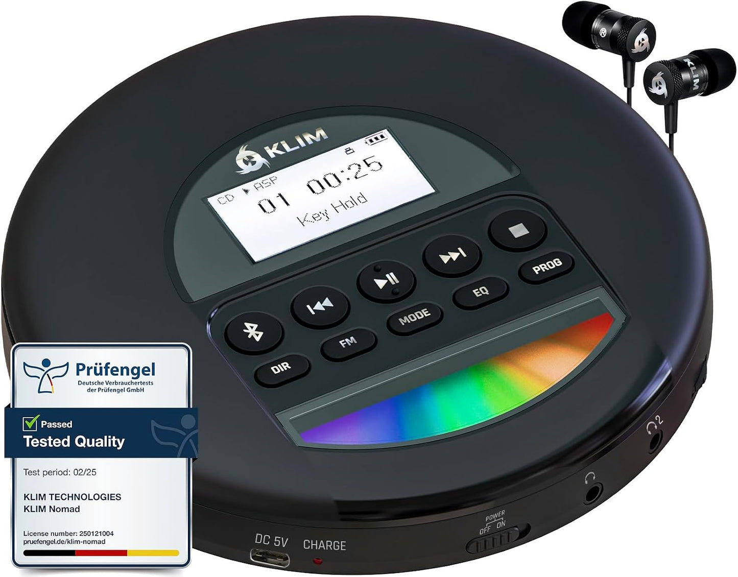 KLIM Discman MP3 Nomad Portable CD Player with Long-Lasting Battery - with Headphones - Radio FM - Compatible CD Player