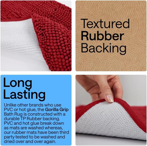 GORILLA GRIP Bath Rug Mat - Thick Soft Absorbent Chenille | Quick Dry Microfiber, 44x26, Red