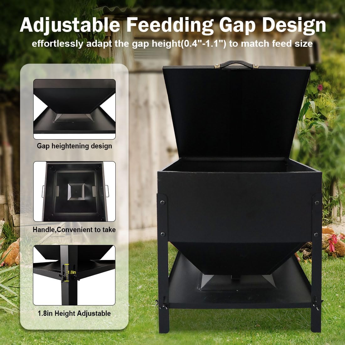 DOLEMODUO Metal Chicken Feeder No Waste, Large Capacity Poultry Feeder, Adjustable Galvanized Steel Chicken Coop Feeder with Lid and Handle