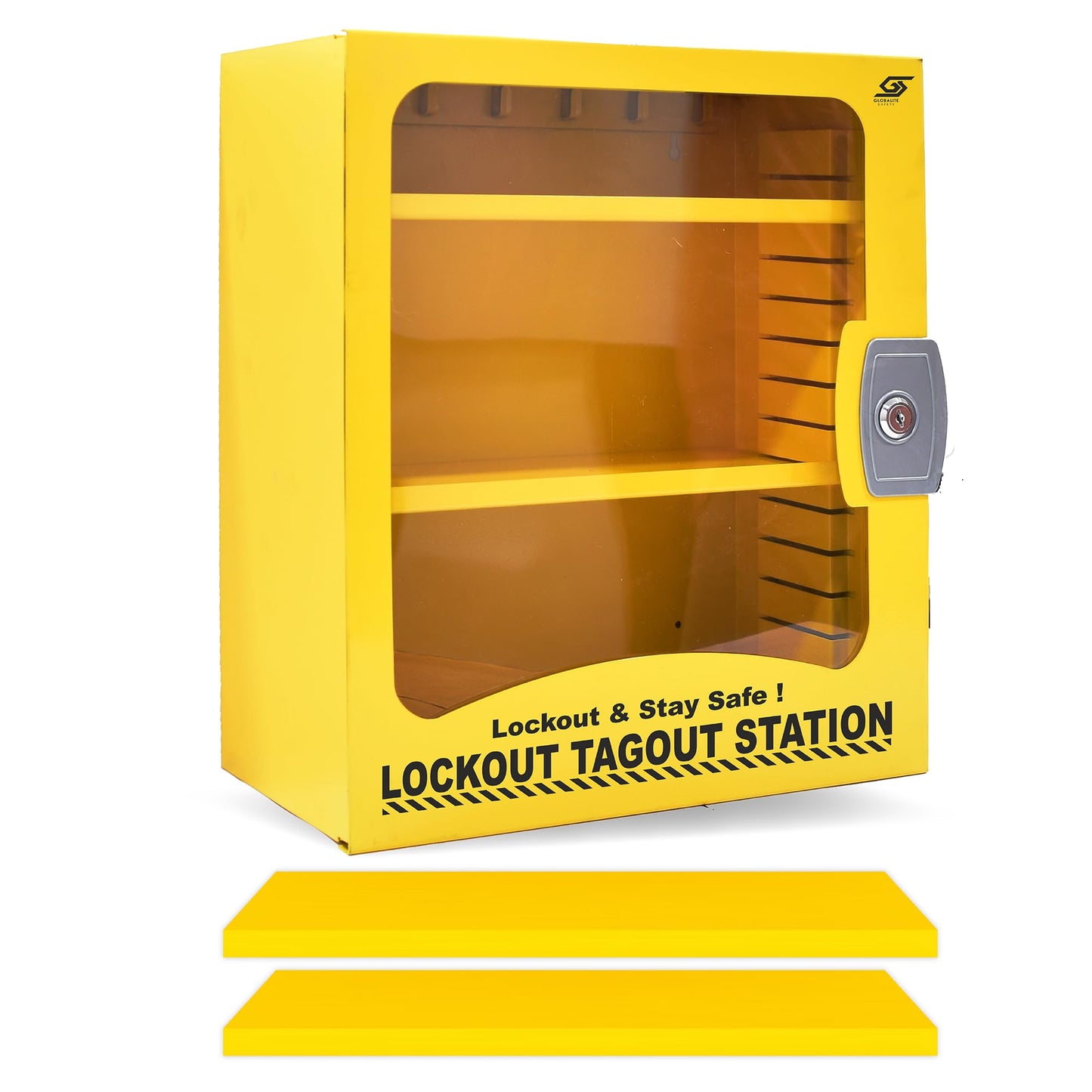 Goppli Lockout Tagout Kit Cabinet - Wall Mount Loto Station for Lock Out Tag Out Safety Locks, OSHA Compliant Steel Lockout Box with 2 Adjustable Shelves, Industrial Yellow Safety Cabinet Unfilled