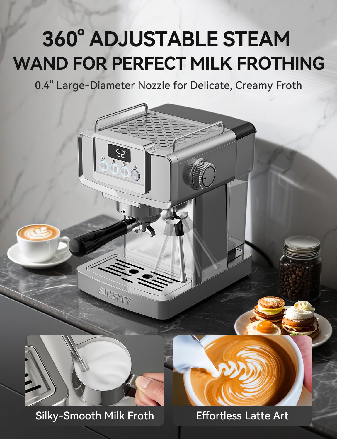 SUMSATY Espresso Machine 20 Bar, Stainless Steel Espresso Maker Professiona Coffee Maker with Power Steam & LED Display for Home Barista, Americano, Latte, Cappuccino Maker, 1.8L Water Tank