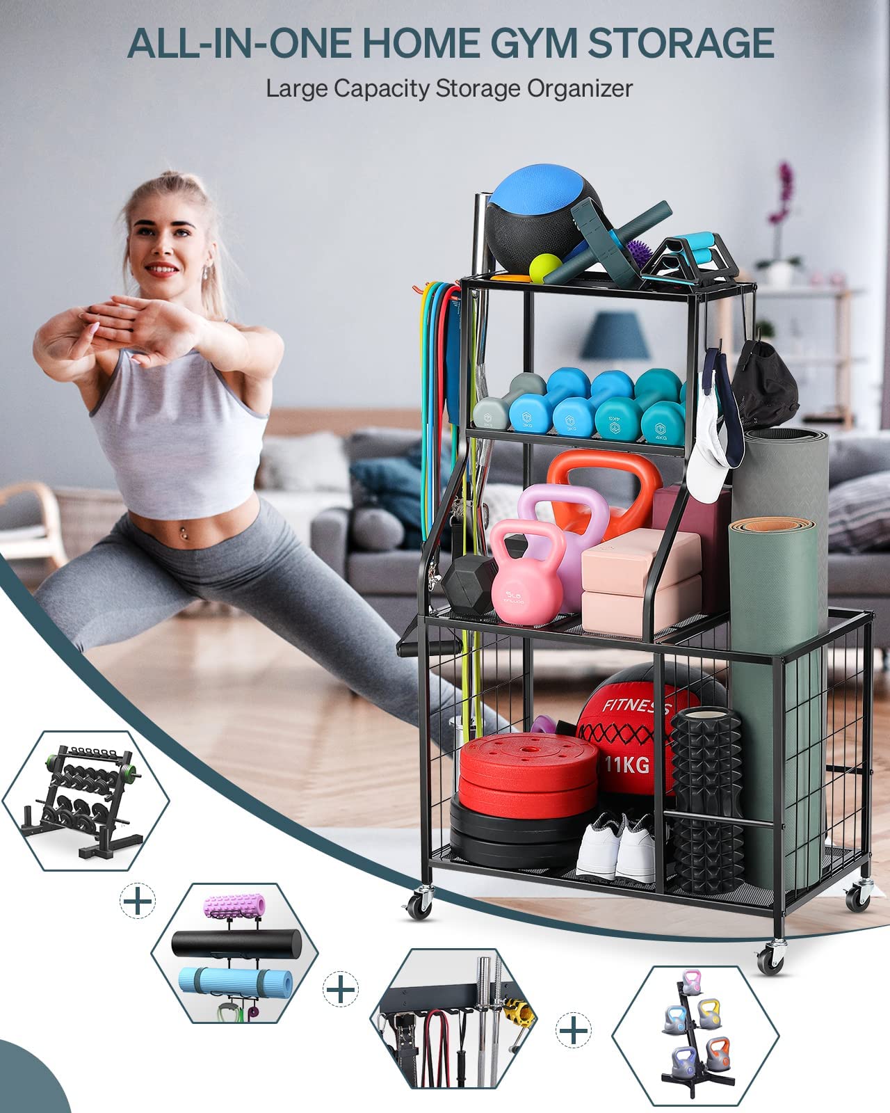 Weight Rack For Dumbbells Storage - Home Gym Storage Yoga Mat Storage Rack Workout Equipment Storage Rack for Kettlebells, Multifunction Exercise Equipment Gym Rack Organizer with Wheels and Hooks