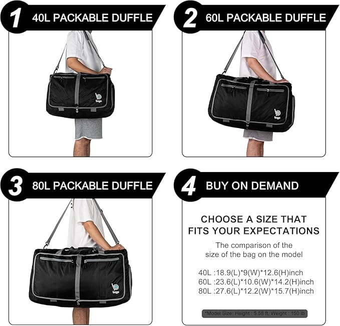 Bago Large Foldable Duffel Bags for Traveling Women & Men - 80L Packable Duffle Bag for Travel with Shoe Compartment - Water Repellant, Heavy Duty, Lightweight Folding & Collapsible (Purple)