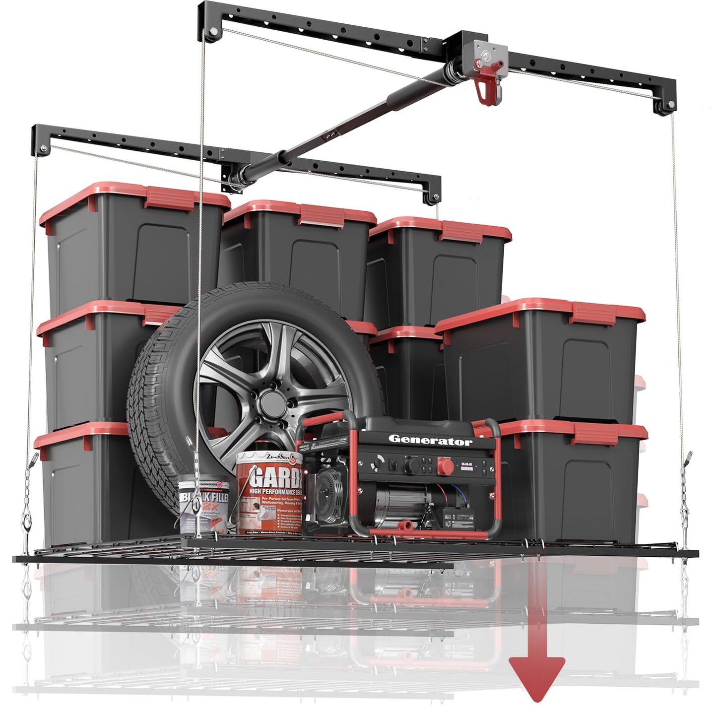 Overhead Garage Storage Rack for 12–14 FT Ceiling, Heavy-duty 4x4 FT Ceiling Storage Racks with Safety Lock, Ideal for Garage Storage Mounted Lift System and Storage Organizer, 250lbs Capacity