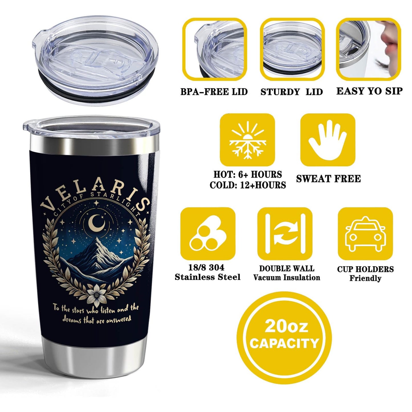 CWEGSJ Velaris City of Starlight 20oz Stainless Steel Tumbler with Lid and Straw Acotar Gift Bookish Tumbler Acotar Coffee Mug (Black-VELARIS City)
