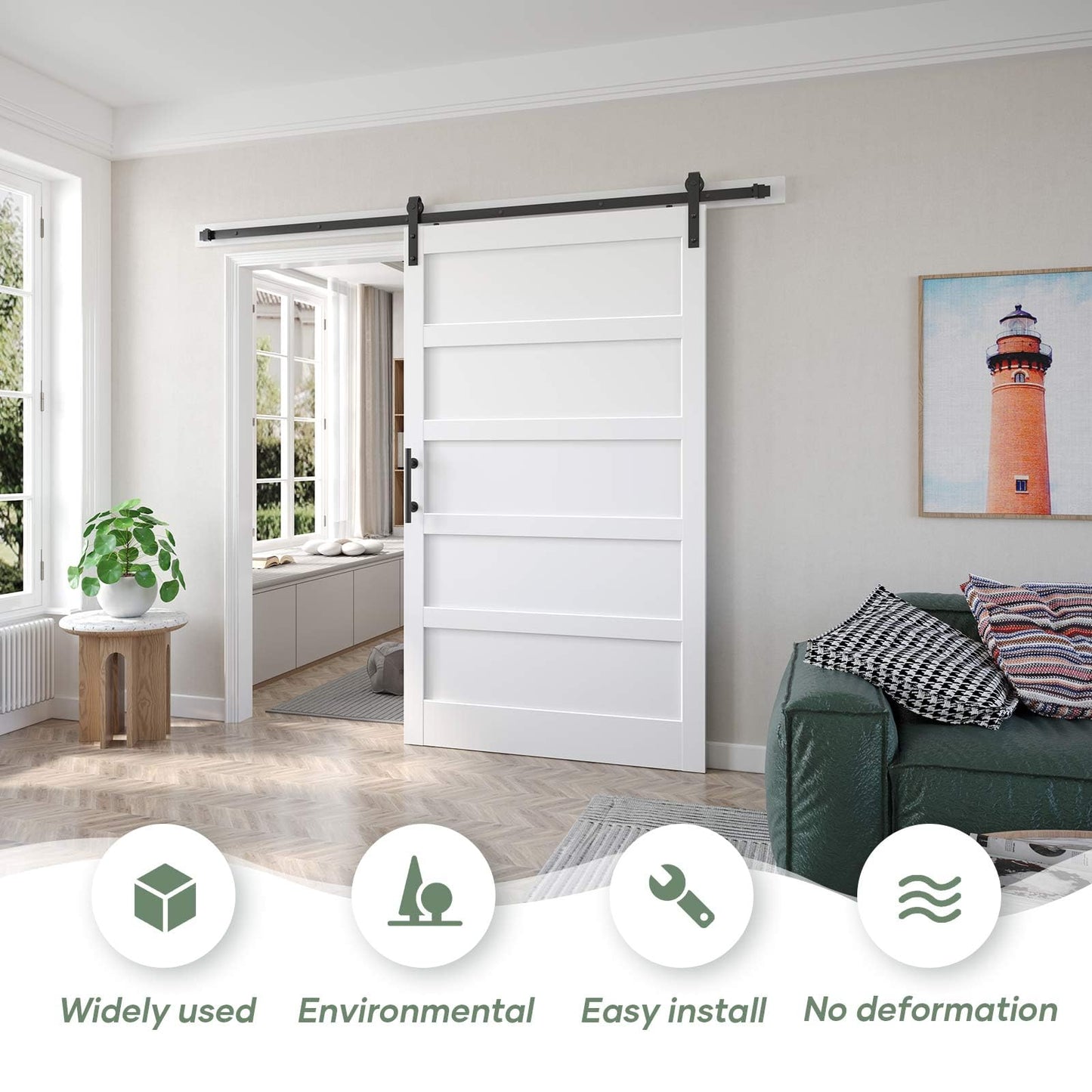 Fredbeck 48x80 inch White Barn Door with 8FT Sliding Barn Door Hardware Kit Included,DIY Assembly,Water-Proof,5-Panel，Fit 45in-47in Opening