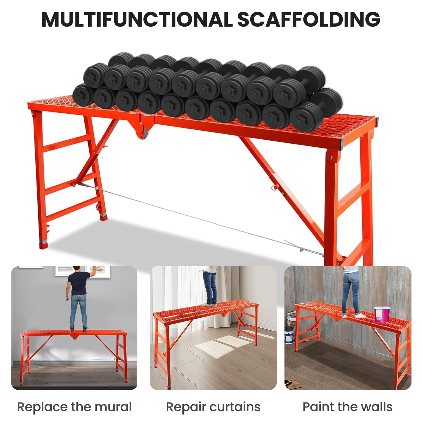 Foldable Scaffolding Platform, 70.8x15.2x36.2-62 Inch Welded Steel Work Platform, 770 Lbs Capacity, Adjustable Height Industrial Step Ladders, Ideal for Painting, Wiring and Home Decor, Red