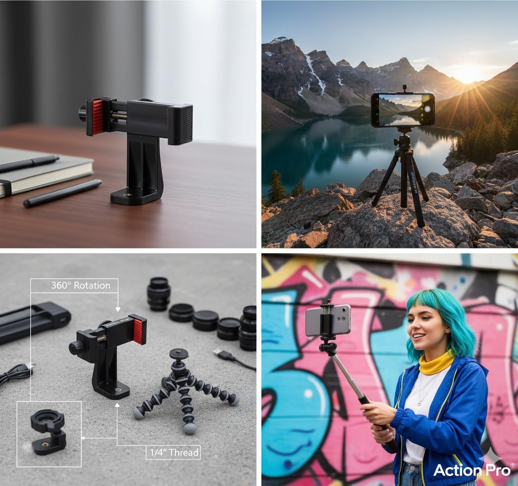 Action Pro 360 1/4 inch Phone Holder/Vertical and Horizontal Tripod Mount Adapter Rotatable Bracket with Screw