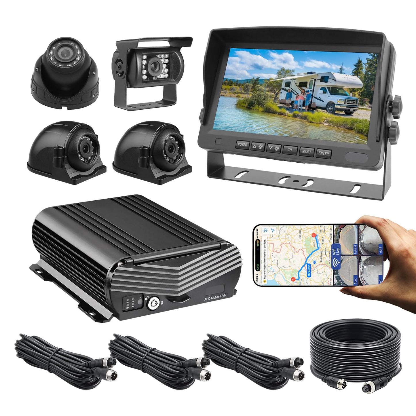 4CH 1080P H.265 4G WiFi GPS 4TB HDD Vehicle Mobile DVR System Video Recorder Loop Record with IR Night Vision Waterproof Front Side Backup Camera and 7 inch VGA Monitor for RV Truck Camper Van