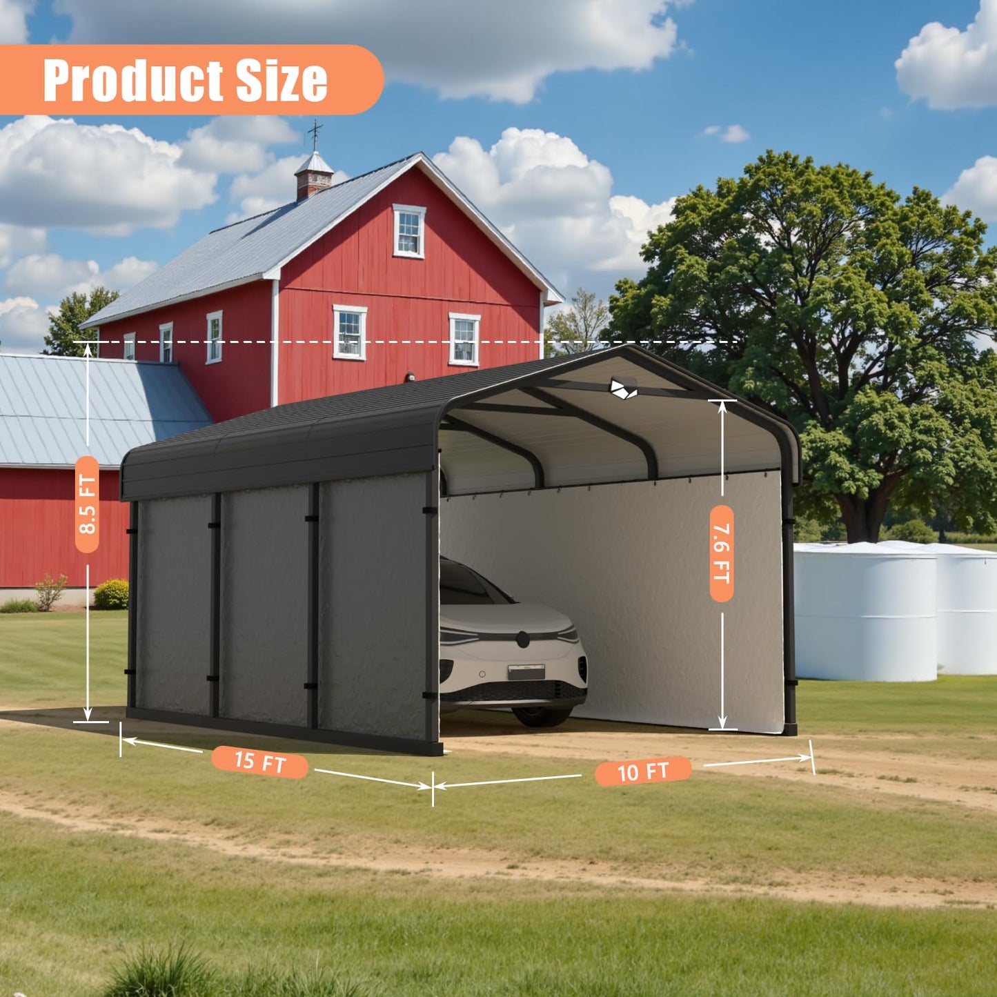 Benass 10x15FT Heavy Duty Metal Carport, Galvanized Steel Roof Portable Garage with PE Sidewalls, 2x2 Reinforced Square Tube Frame, All-Weather Waterproof Shelter for Car, Truck, Boat