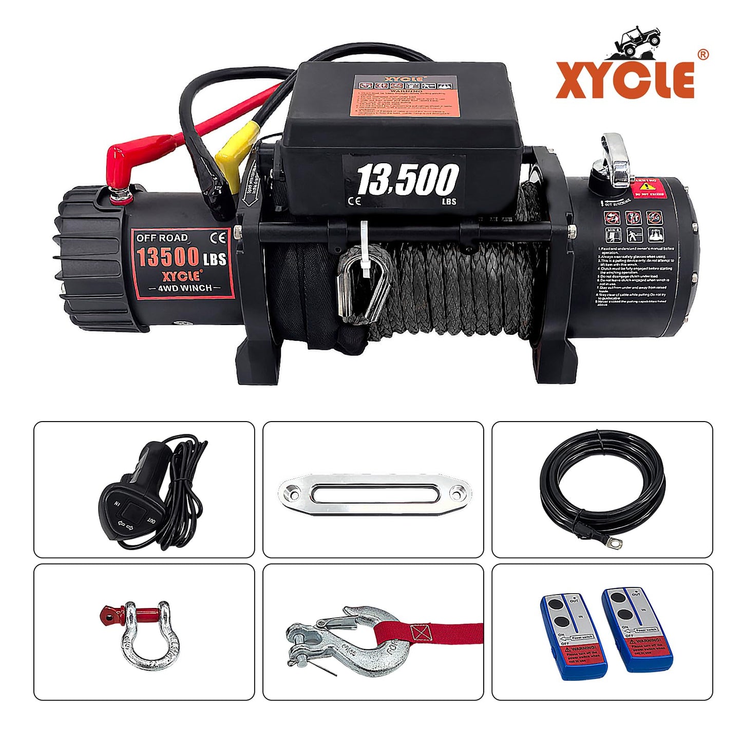 XYCLE Winch13500lbs 12V Waterproof Electric Winch Synthetic Rope Truck Winch Towing Winch Boat Trailer Winch SUV 4-Wheel Drive Off-Road Vehicle with Remote Control 3/8 Synthetic Rope (Black)