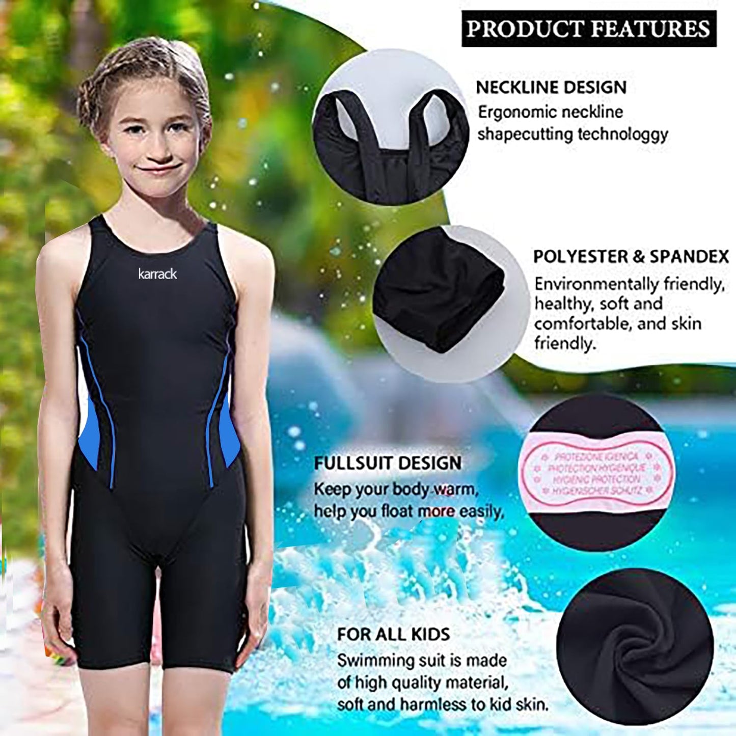 karrack Girls Swimming Suit Sports Conjoined Girls Training Competition Children Swimming Suit (US, Age, 11 Years, 13 Years, Black)