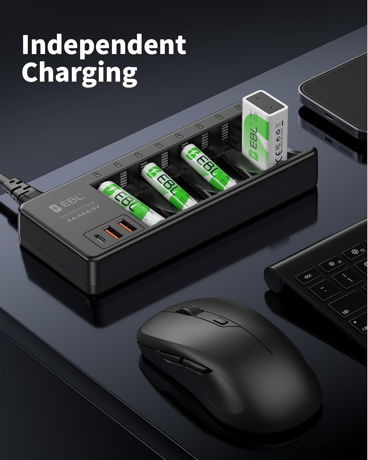 EBL 9V 9V 2 1 AA AAA Individual Battery Charger for AA AAA NiMH NiCD Rechargeable Battery, with USB-A & USB-C Charging
