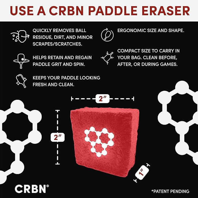 CRBN Pickleball Paddle Eraser, Best Carbon Fiber Pickle Ball Racket Cleaner, Fast & Easy Rubber Bar to Remove Ball Residue, Dirt, & Minor Scrapes/Scratches