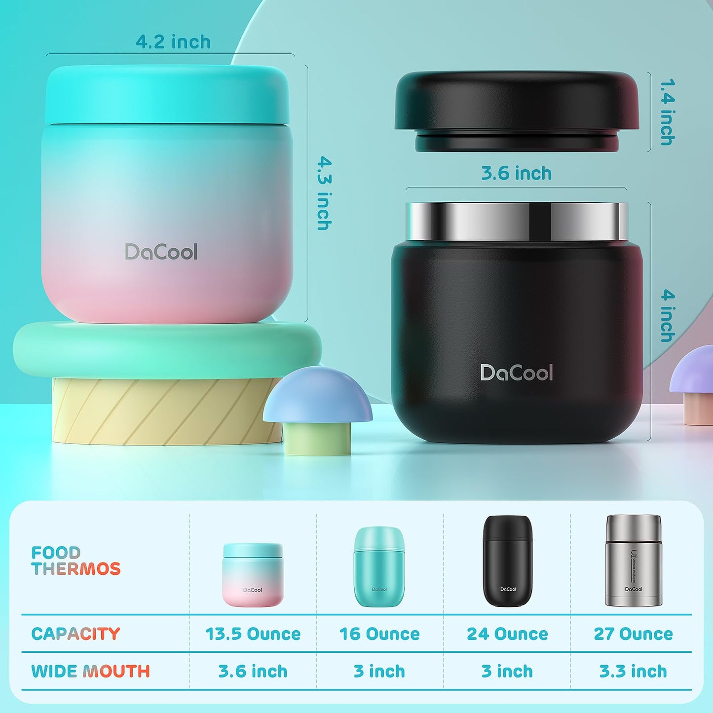 DaCool Kids Thermo for Hot Food 2 Pack 13oz/pack Insulated Food Jar Vacuum Stainless Steel Kids Food Thermo Soup Insulated Lunch Container for School Office Picnic Travel Outdoors,Black+Cotton Candy