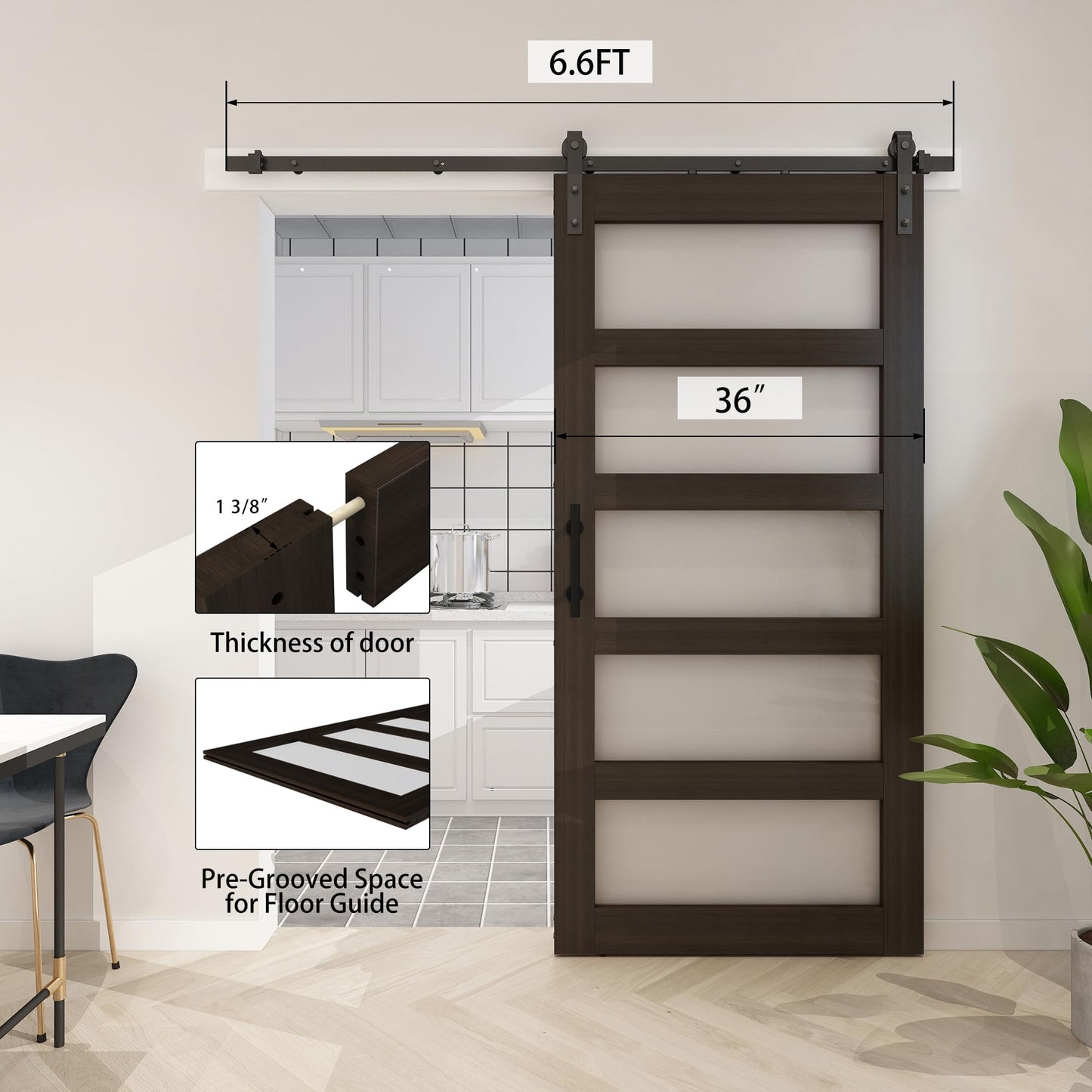 BARNSMITH 36in x 84in Glass Barn Door with 6.6FT Sliding Door Hardware Kit Included & Handle,5-Panel Frosted Glass Solid Wood Slab with Water-Proof PVC Surface,Pre-Drilled Easy Assembly,Brown