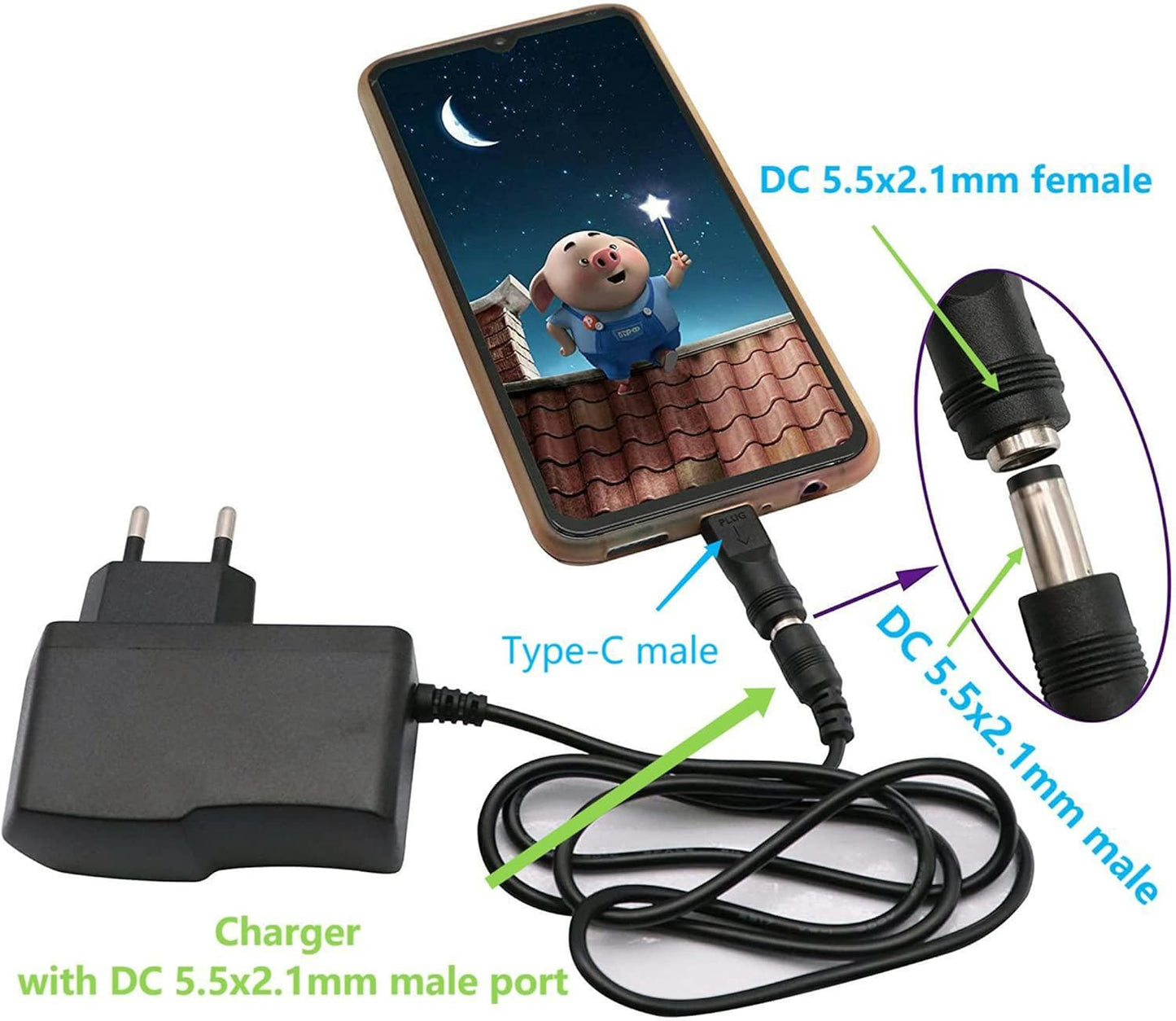 SHANFEILU 5.5x2.1mm DC5521 2 USB C to DC Power Adapter Type C USB Male to DC Female Connector Female to Type C Male