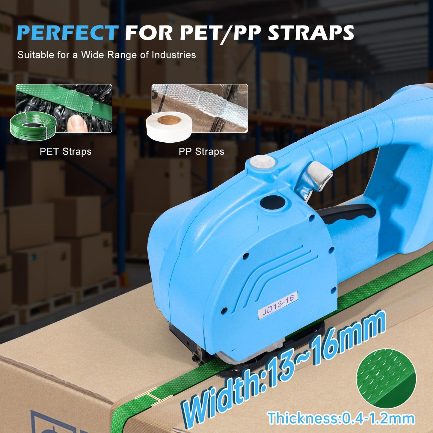 ZHONGMIN Electric Strapping Machine for 1/2"-5/8" PP/PET Straps, 2 x 4000mAh Battery Powered Automatic Banding Tool, All-in-One Portable Baler for Box and Pallet Packaging (JD13-16)