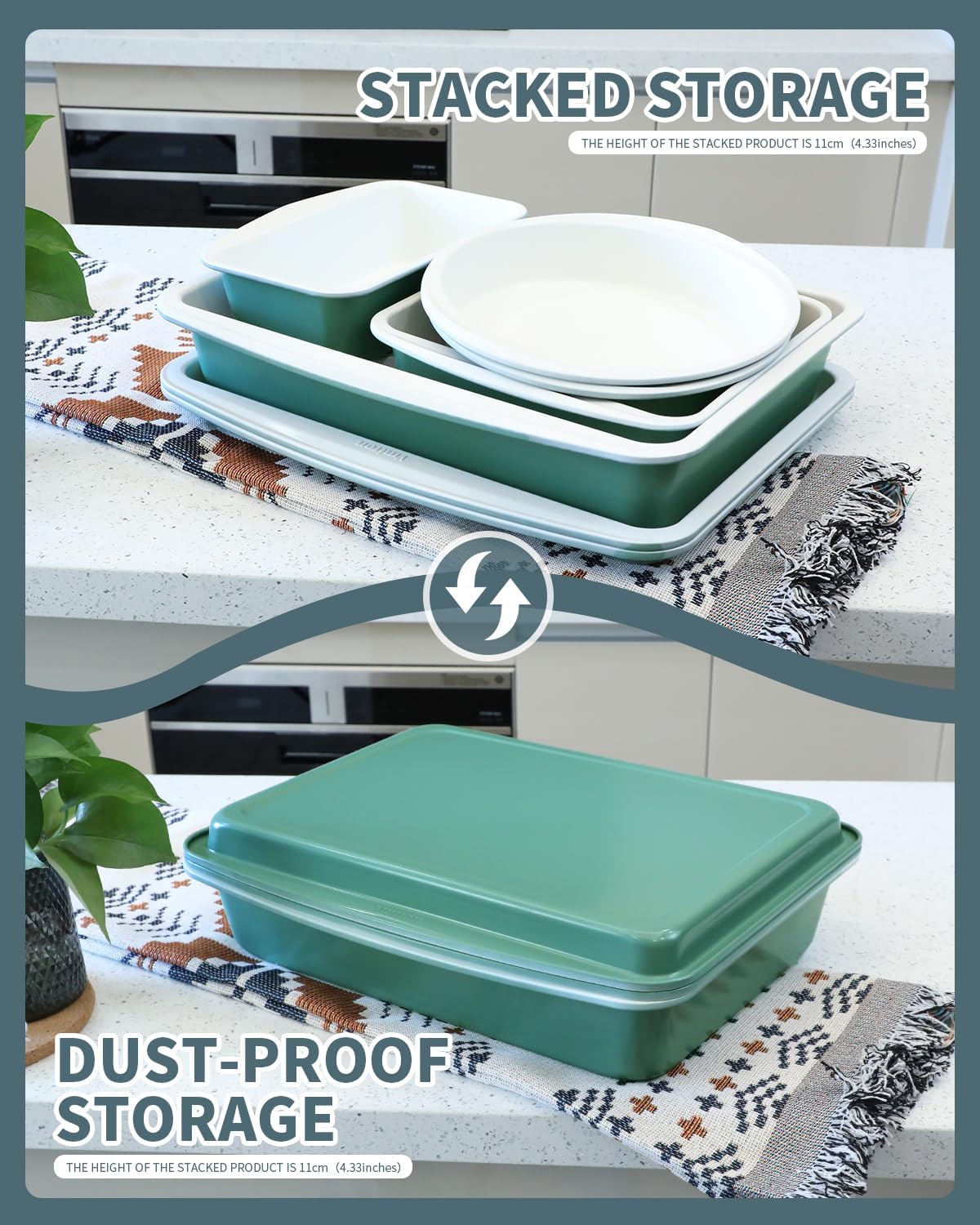 Skiennix Ceramic Nonstick Baking Pans Set - 30 PCS Stackable Bakeware, 550°F Oven Safe, Green