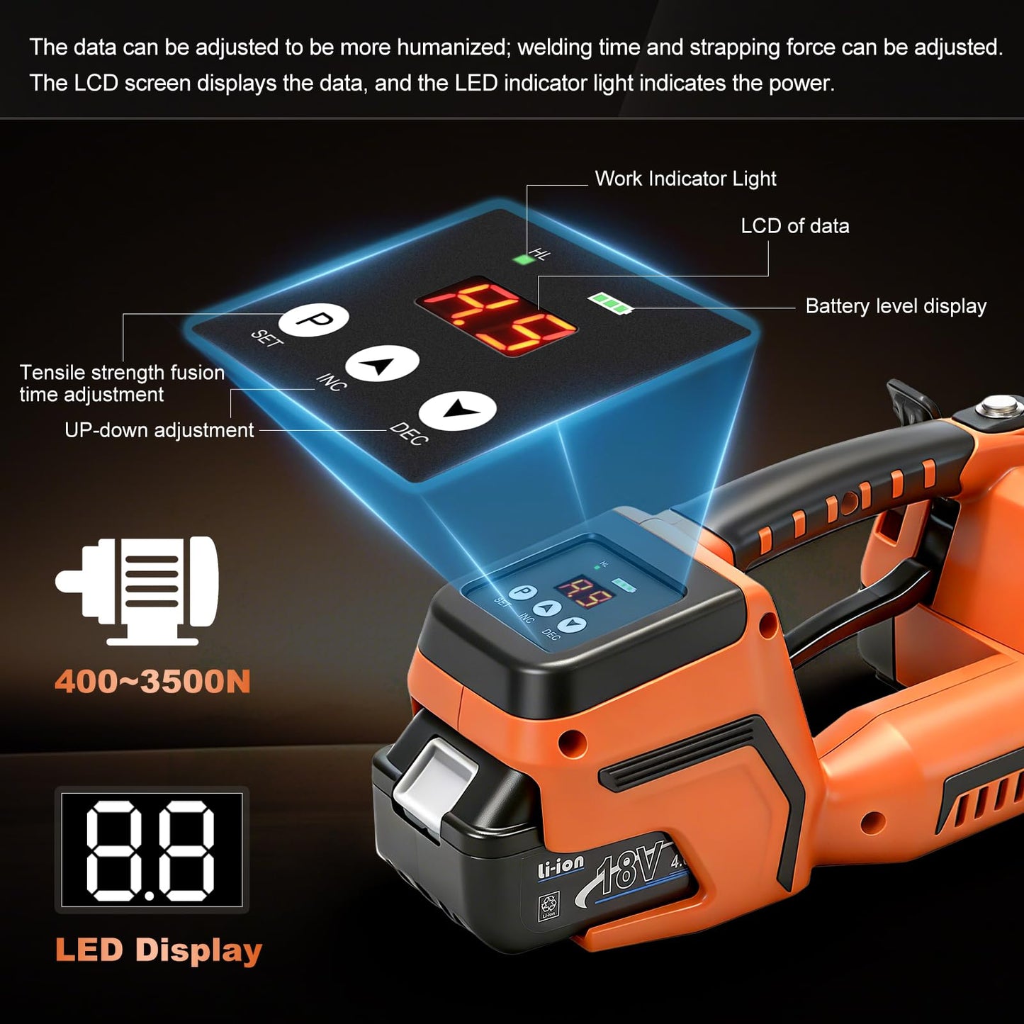 GEARCESS Electric Strapping Machine with LCD Screen, Tool Portable Baler for 1/2-5/8 in PP PET Straps 2 x 4000mah Battery Powered Automatic Banding Box Pallet (with Gloves and Goggles)