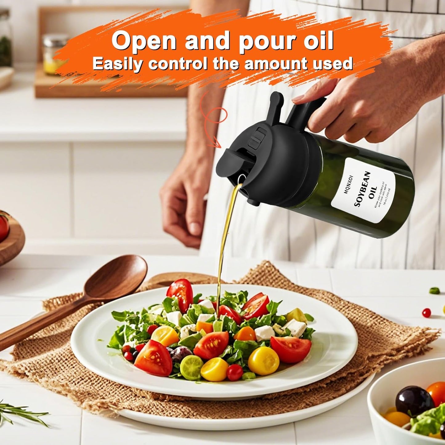 Skiennix 2-in-1 Glass Oil Sprayer & Dispenser - 16oz Olive Oil Bottle for Cooking & Salad | White & Dark Green